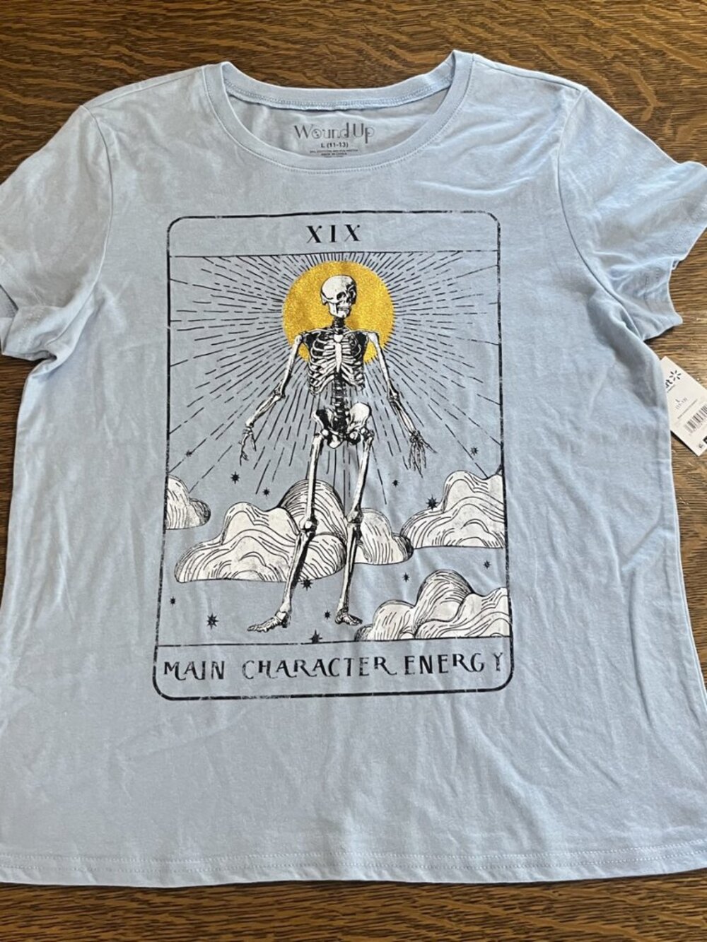 Wound Up Women Large L Light Blue Short Sleeve Skeleton T-shirt NEW NWT